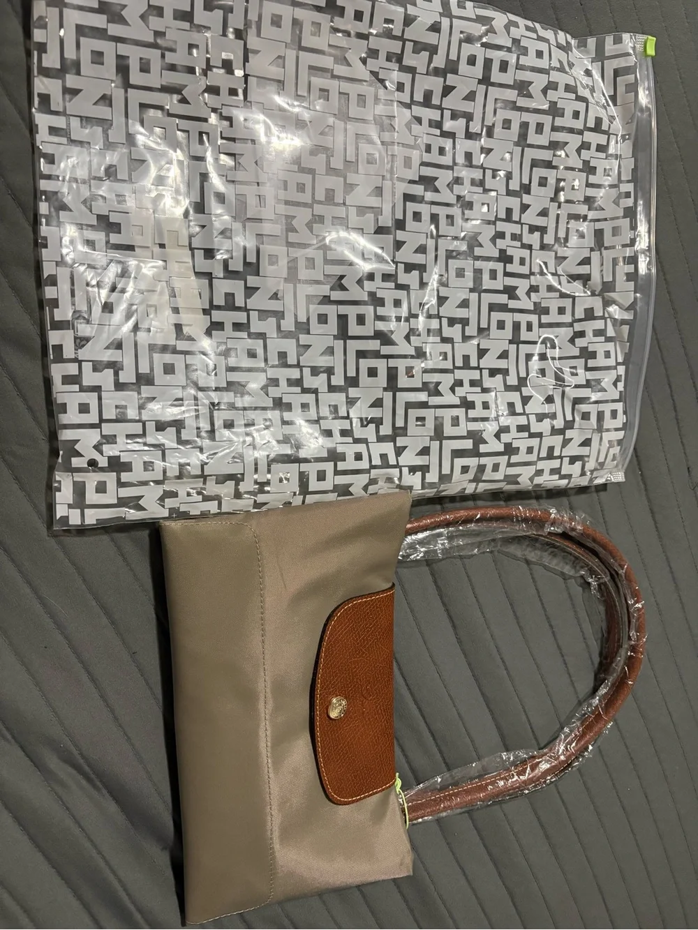 Longchamp Taupe Tote with Brown Trim and Chestnut Handles
